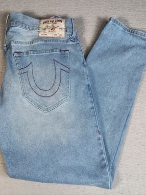 True Religion Men's 33 Geno Relaxed Slim Tapered Leg Light Wash Mid Rise Jeans